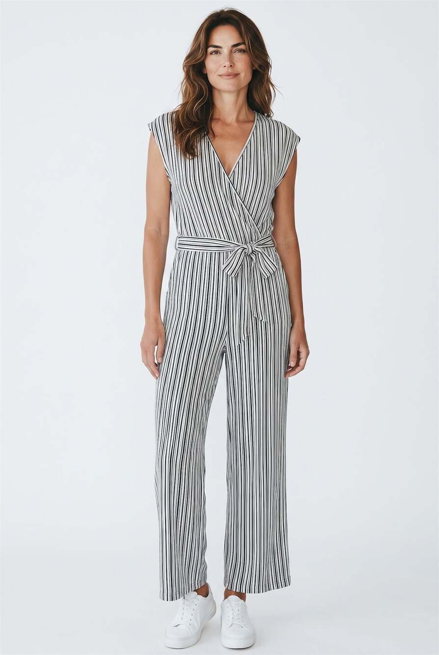 Caution To The Wind Black and White Striped Sleeveless V-Neck Tie Waist Jumpsuit
